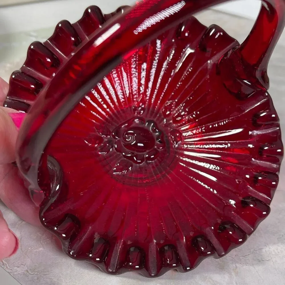 Vintage Fenton Ruby Red thumbprint basket with rose bottom signed